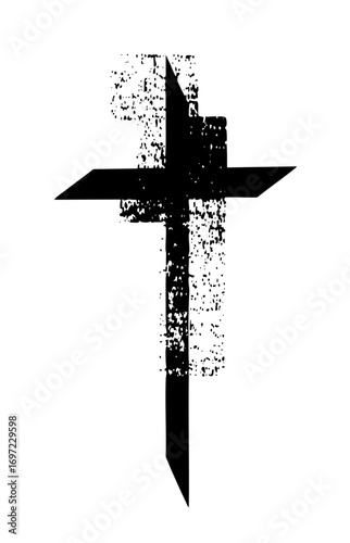 Vector Distressed black cross with a textured fragmented appearance.