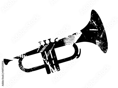 Vector Distressed black trumpet with a vintage aesthetic.