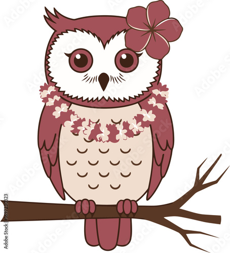 Cute owl with flower sitting on a tree branch.