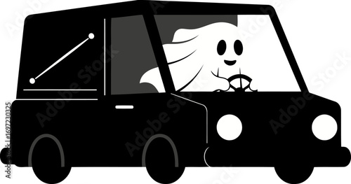 Ghost driving a black car spooky Halloween illustration.