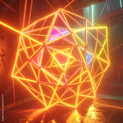 Geometric neon cube structure