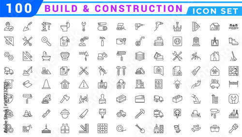 construction simple line isolated icon collection. Editable Stroke. Repair, Renovation, Work Tools, Materials