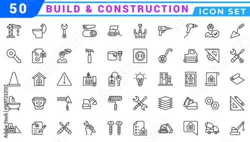 construction simple line isolated icon collection. Editable Stroke. Repair, Renovation, Work Tools, Materials