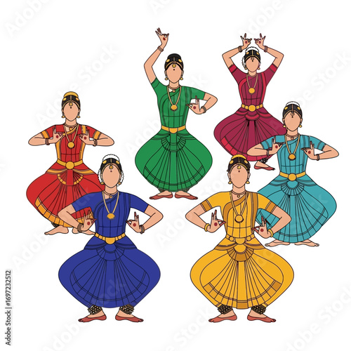 Six women in colorful traditional Indian dance attire striking poses, isolated on a white background.