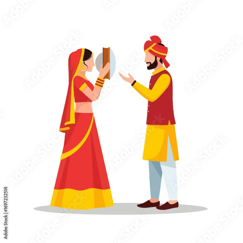 Illustration of a couple in traditional Indian wedding attire.