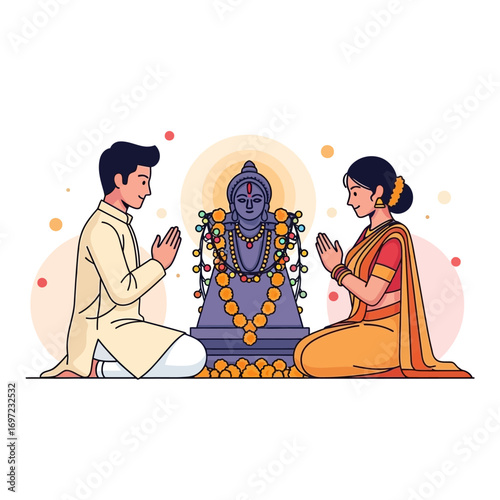 A stylized illustration of a Hindu couple praying before a deity.