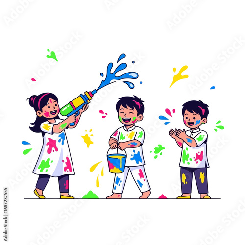 Children playing Holi, a vibrant Indian festival, with water guns and colored powder.