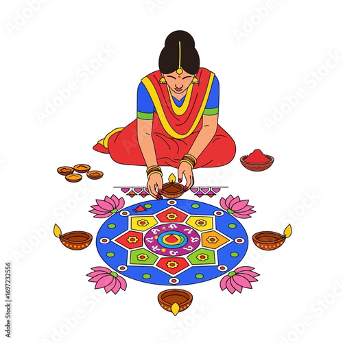A woman in traditional Indian attire creates a vibrant rangoli design using colorful patterns and diyas (lamps).