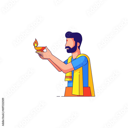 A man with a beard and a red bindi on his forehead, holding a lit diya (oil lamp) in his hands, symbolizing a religious ritual or celebration.