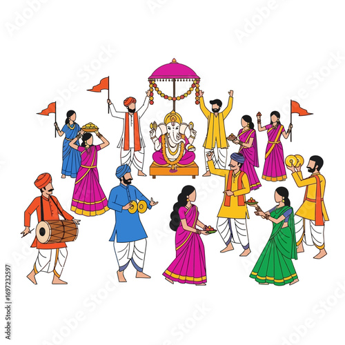 A vibrant illustration depicting a procession celebrating a religious festival with people, flags, and a deity.