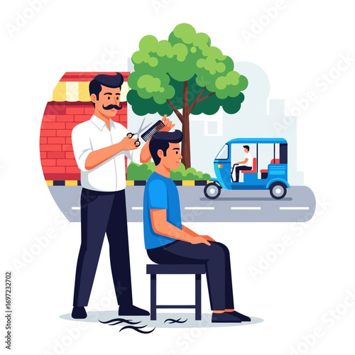 A barber giving a haircut to a customer outdoors, with a vehicle in the background.