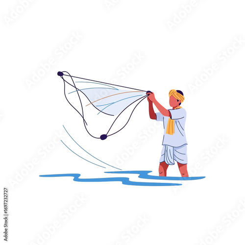 Man in water casting a fishing net, wearing traditional clothing and headwear.