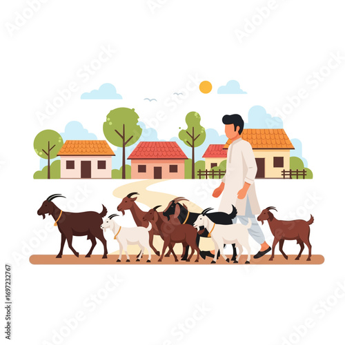 A rural scene depicts a man herding goats along a village road.