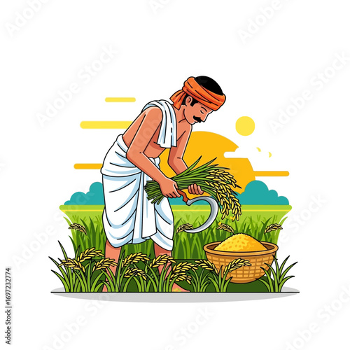 A farmer harvests rice in a vibrant, stylized illustration.