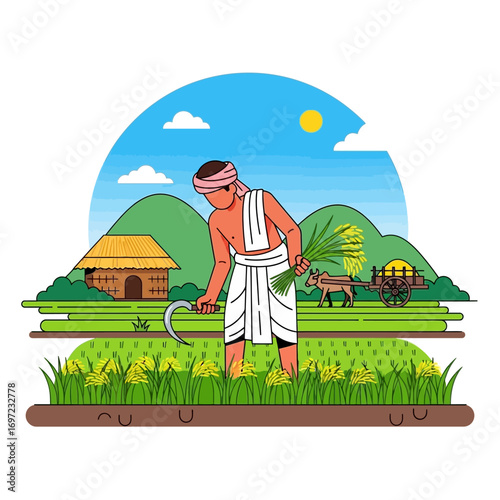 A farmer harvests rice in a picturesque rural landscape, showcasing traditional farming methods and a serene countryside setting.