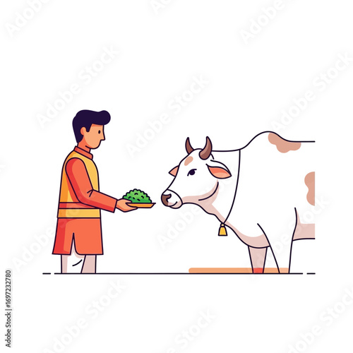 A man in traditional attire offering food to a white cow, a cultural scene.