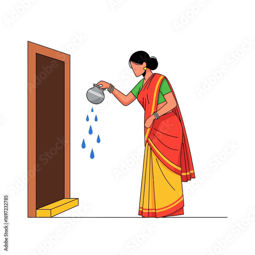 Woman in a sari pours water from a pot near a doorway.