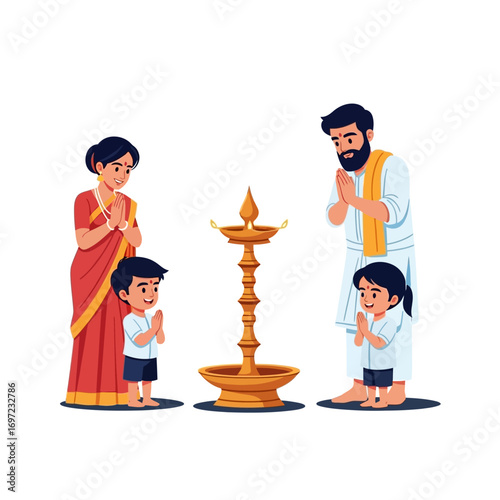 Indian family performs a traditional prayer ritual before a diya.