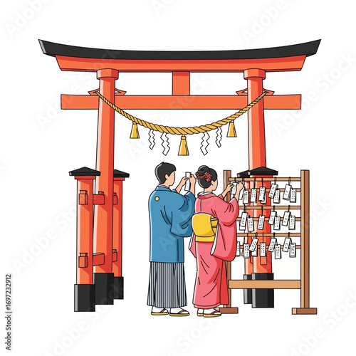 A couple in traditional Japanese attire placing wishes at a shrine, under a torii gate.
