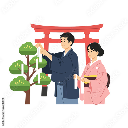 A couple in traditional Japanese attire ties wishes to a tree near a red torii gate.