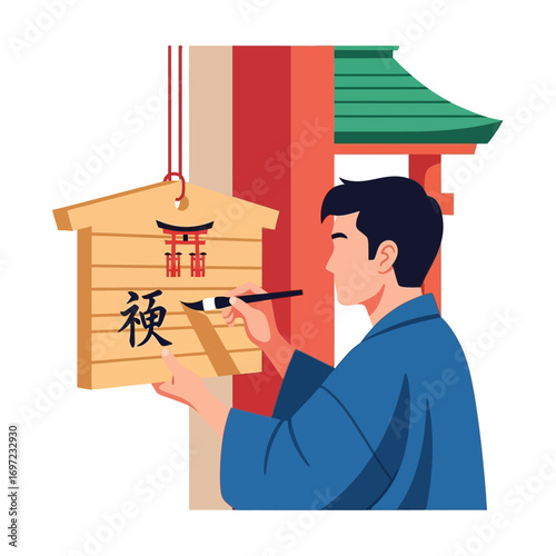 Man in kimono painting Japanese calligraphy on wooden plaque near a temple structure.