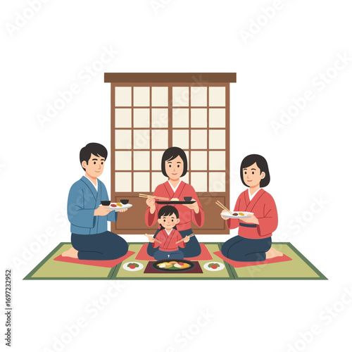 A family of four in traditional clothing kneeling on mats, eating a meal in front of a shoji screen.