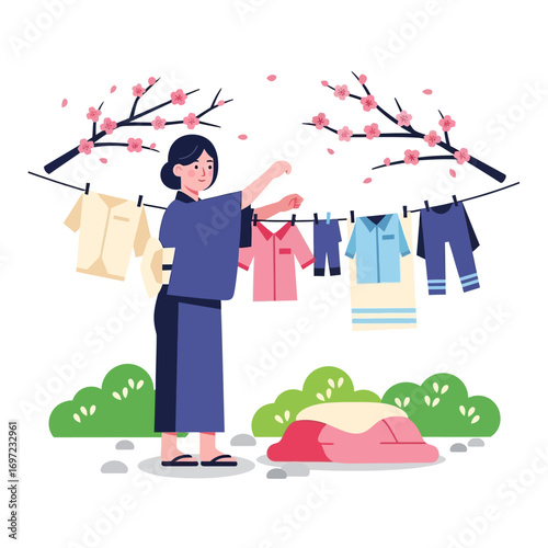A woman in a kimono hangs laundry on a clothesline beneath cherry blossoms.