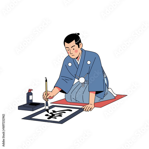 A stylized illustration of a person in traditional Japanese attire practicing calligraphy.