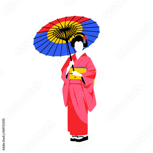 A geisha in a pink kimono holding a colorful umbrella.
