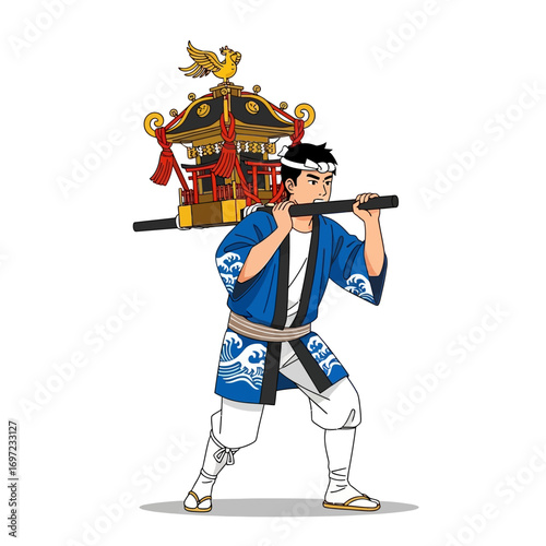 An illustration of a Japanese man in traditional festival attire carrying an ornate mikoshi portable shrine on his shoulder.