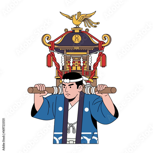 Japanese man in traditional attire carrying a decorated portable shrine (mikoshi) during a festival.