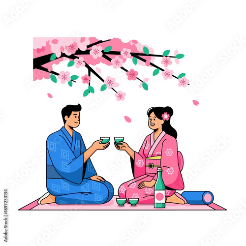 Couple in kimonos enjoying sake under cherry blossoms, a serene Japanese scene.
