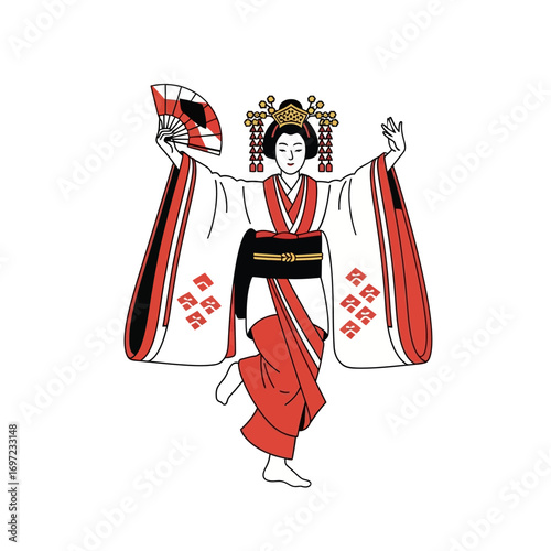 A stylized illustration of a Japanese geisha in a dance pose, wearing traditional attire.