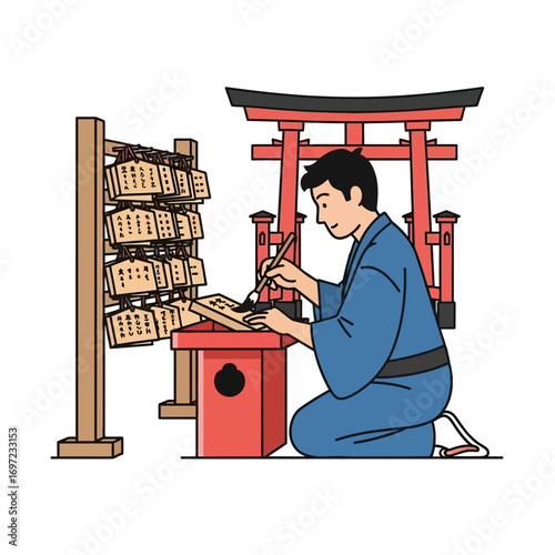A man in traditional Japanese clothing writes on an Ema plaque at a shrine.