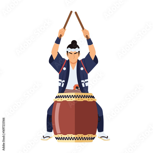 Man playing a taiko drum with drumsticks, wearing traditional Japanese clothing, in a vector illustration.