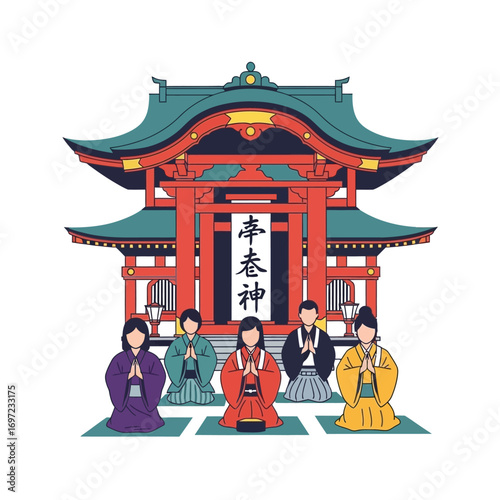 A group of people in traditional Japanese attire kneeling in front of a Shinto shrine.