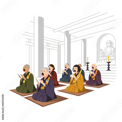 A group of monks are chanting in a temple, seated on mats with prayer books in hand.