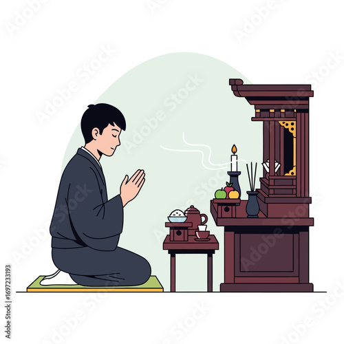Japanese man in traditional attire praying at an altar, offering incense and food.