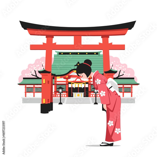 Japanese woman in kimono bowing before a traditional shrine, featuring a torii gate and cherry blossoms.