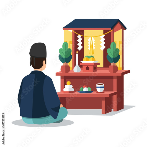 A man in traditional Japanese attire prays before a Shinto shrine, offering food and objects.