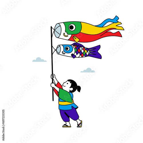 A child joyfully holds colorful carp streamers, celebrating a traditional festival.