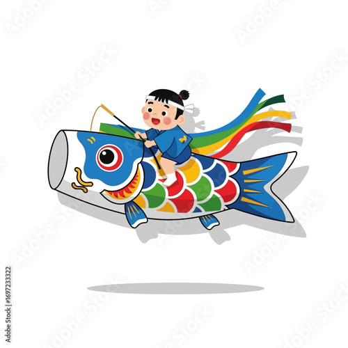 A cheerful child joyfully rides a vibrant carp streamer, celebrating a traditional Japanese festival.