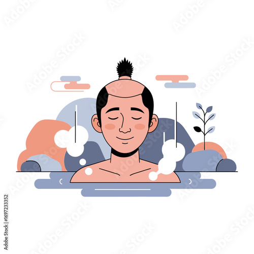 Man with traditional Japanese hairstyle relaxing in a hot spring with steam, rocks, and stylized nature elements.