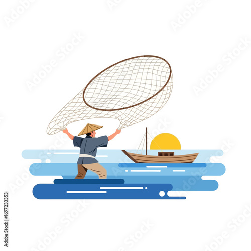 Fisherman in water casting a net, with a boat and sun in the background.