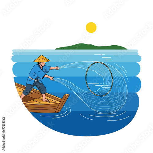 Fisherman in a boat casting a net into the sea under a bright sun.