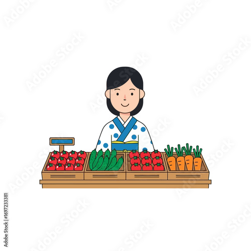 Woman in kimono selling fresh produce (tomatoes, cucumbers, carrots) at a market stall.