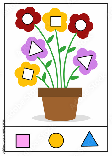 Fun worksheet illustration with flowers in different shapes for kids, matching activity to learn geometry, colors, and basic math concepts.