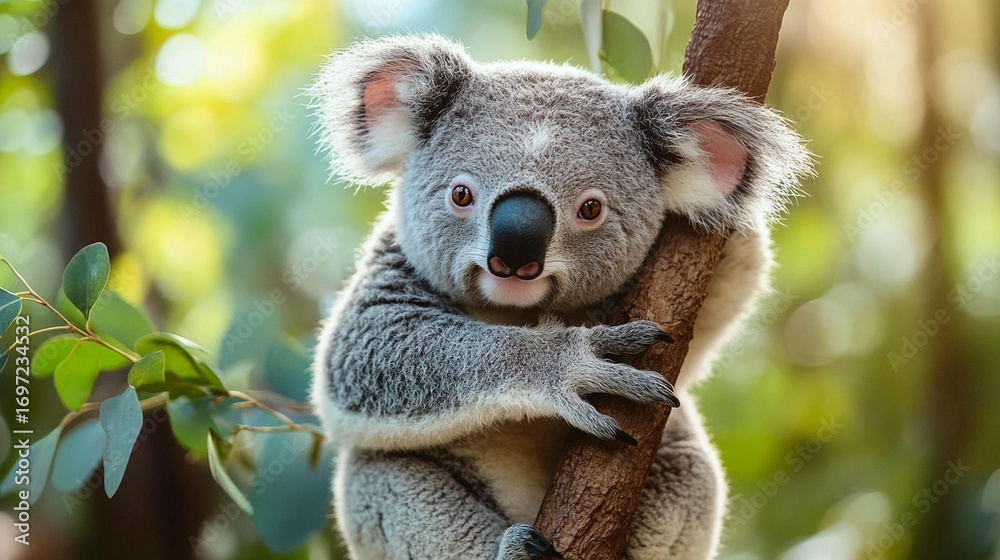 Fototapeta premium Close-up of a koala clinging to a tree branch