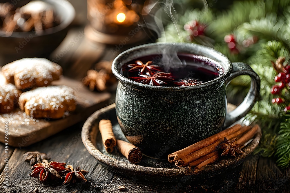 Fototapeta premium Cozy winter scene with a steaming mug of mulled wine, spices, and Christmas cookies
