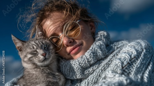 Woman and cat, blue sky background